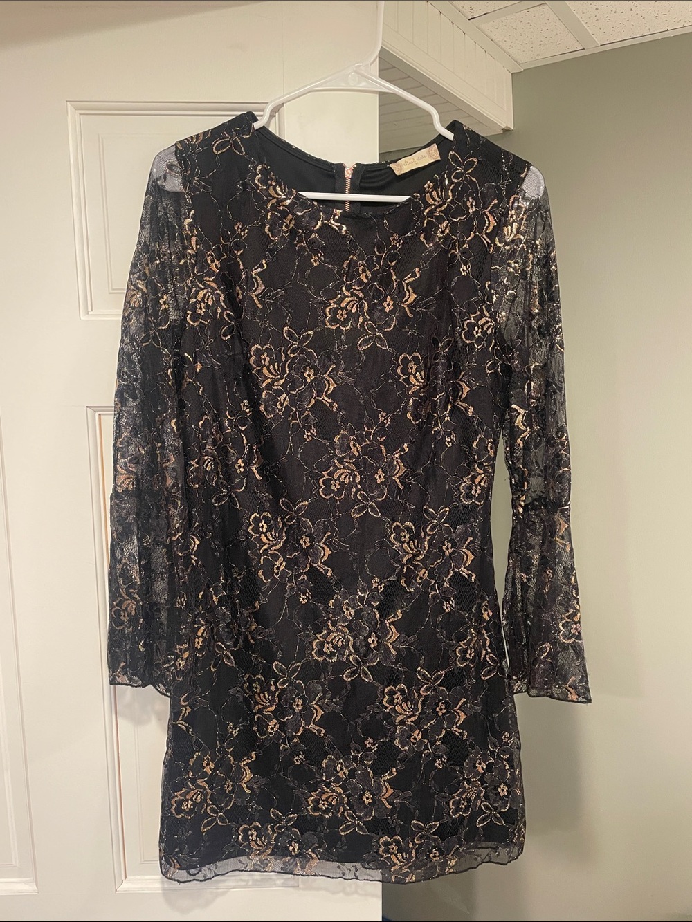 Altar'd State Black Lace Dress with Gold Floral Lace Overlay